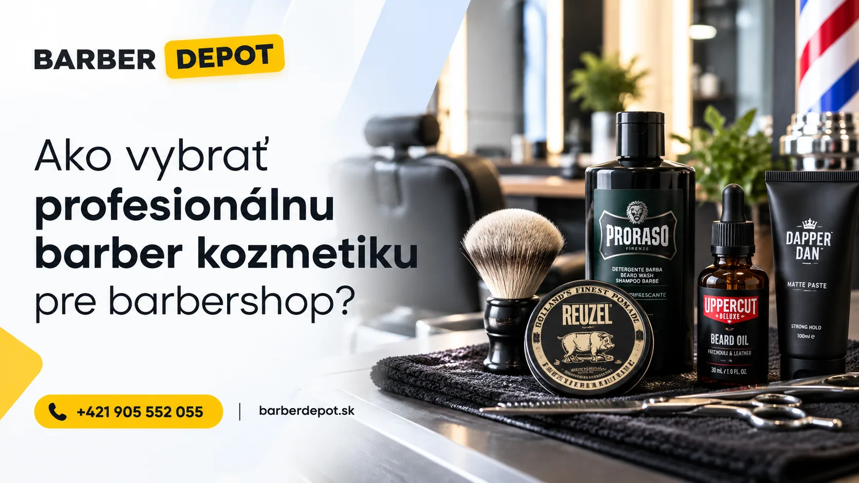 Profesionálna barber kozmetika na pulte v barbershope: pomády, vosky a oleje na bradu